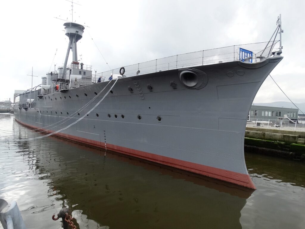 Photo Comp 2018 entry HMS Caroline built with crescent shaped bow for ramming enemy submarines now in an exclusive visiting Belfast dock by Trevor Moffet